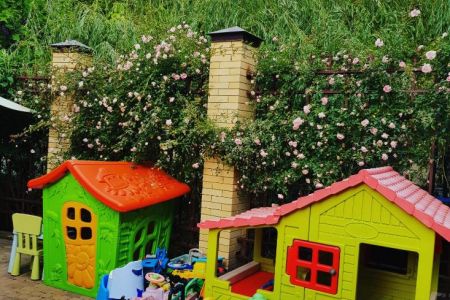 Бассейн и лежаки, здание - крупный план